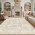 8x10 Beige Washable Area Rug for Living Room Bedroom Neutral Soft Non Slip Rug Low Pile Vintage Distressed Carpet for Dining Room Nursery Office Indoor
