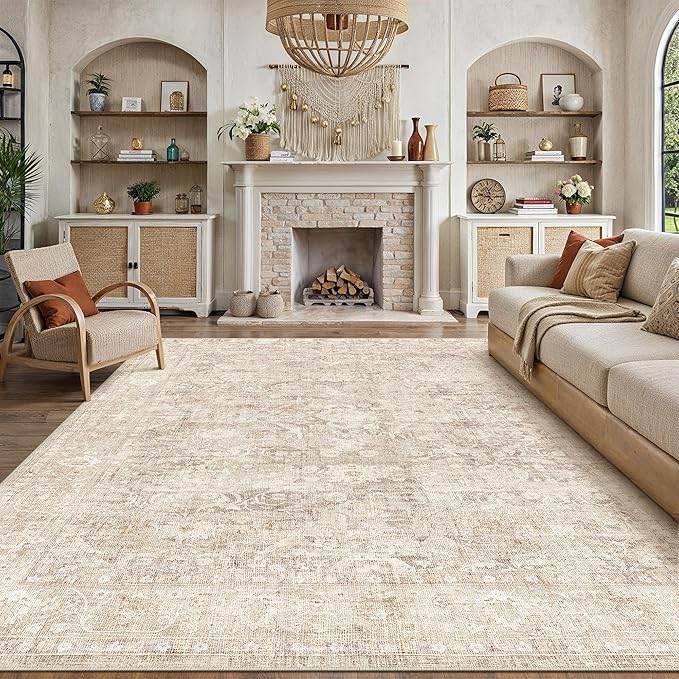 8x10 Beige Washable Area Rug for Living Room Bedroom Neutral Soft Non Slip Rug Low Pile Vintage Distressed Carpet for Dining Room Nursery Office Indoor