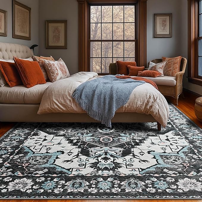 YJ.GWL Area Rugs for Living Room 4x6 Machine Washable Rugs for Bedroom, Non Slip Floral Vintage Rug Indoor Carpet, Stain Resistant Throw Rug for Dining Room Kitchen, Black Grey Blue