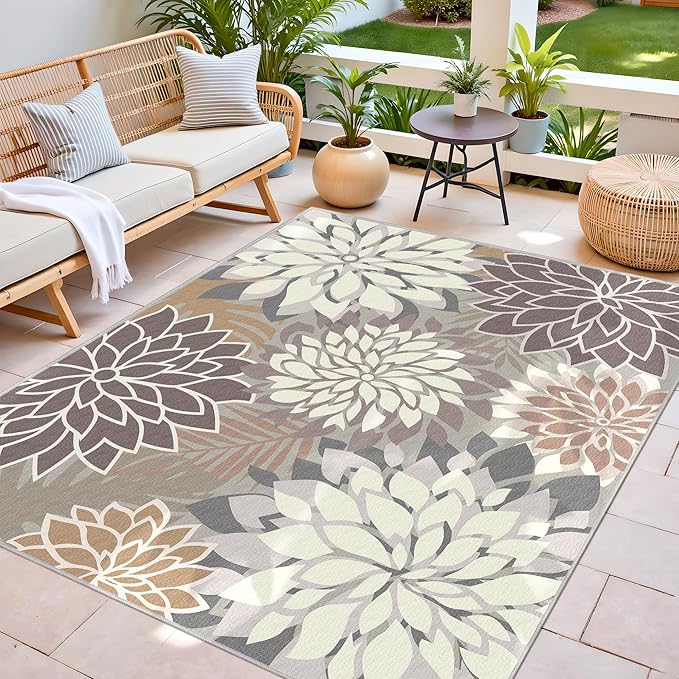 9x12 Outdoor Area Rug Washable Multicolored Patio Rug Tropical Botanical Floral Chenille Waterproof Outdoor Carpet Non-Slip for Deck, Backyard, Porch, Taupe