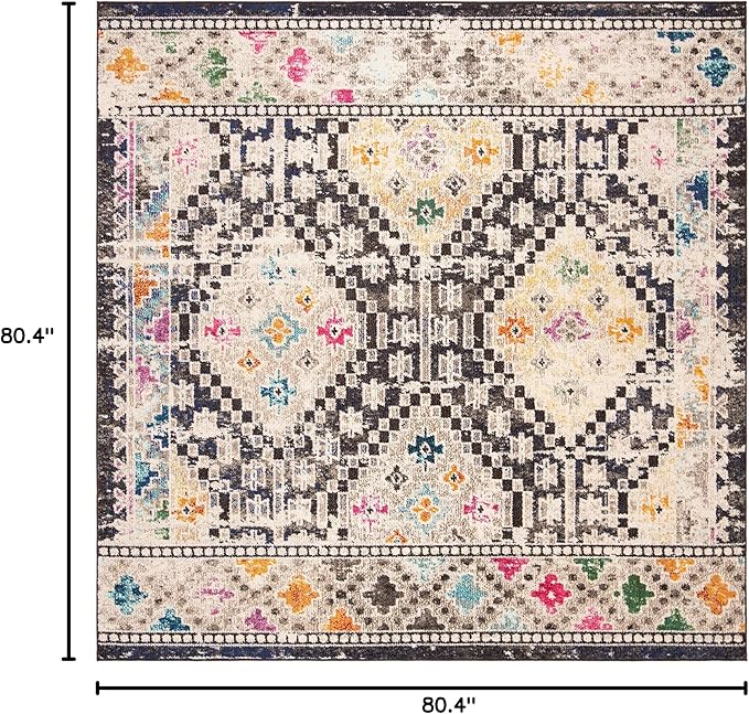 SAFAVIEH Madison Collection Area Rug - 6'7" Square, Black & Yellow, Boho Diamond Distressed Design, Non-Shedding & Easy Care, Ideal for High Traffic Areas in Living Room, Bedroom (MAD418Z)