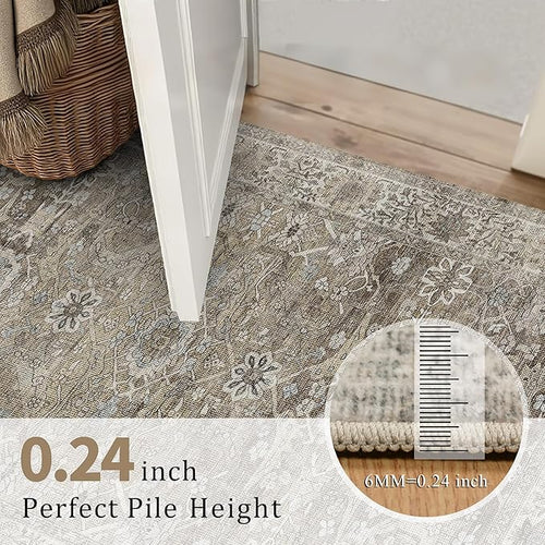 2x8 Runner Rug Grey Brown Vintage Washable Runner Rugs for Hallway Kitchen Low Pile Non-Slip Retro Distressed Accent Throw Carpet for Entryway Bathroom Bedroom Antique/Moss