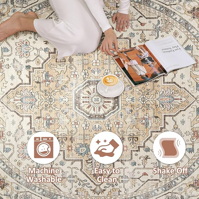 Round Rug Living Room Rugs: 10x10 Washable Boho Neutral Large Circle Soft Indoor Floral Stain Resistant Floor Farmhouse Carpet for Bedroom Nursery Kids Playroom Office Dining Room- Cream Blue