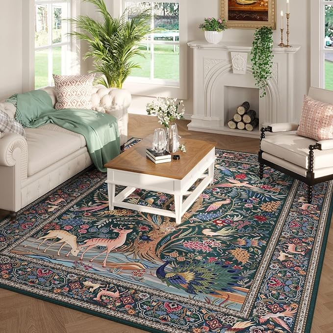 Rugcomf Area Rugs 9x12 Living Room Vibrant Tree of Life-Patterned Vintage Washable Rug Non Slip Low Pile Large Rug for Bedroom Farmhouse Dining Room Kids Playroom, Green