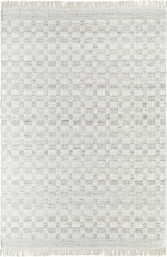 Mark&Day Wool Rugs, 5x8 Clinten Solid and Border Light Gray Checkered Rug, Grey Ivory Carpet for Living Room, Bedroom or Kitchen (5' x 7'6")