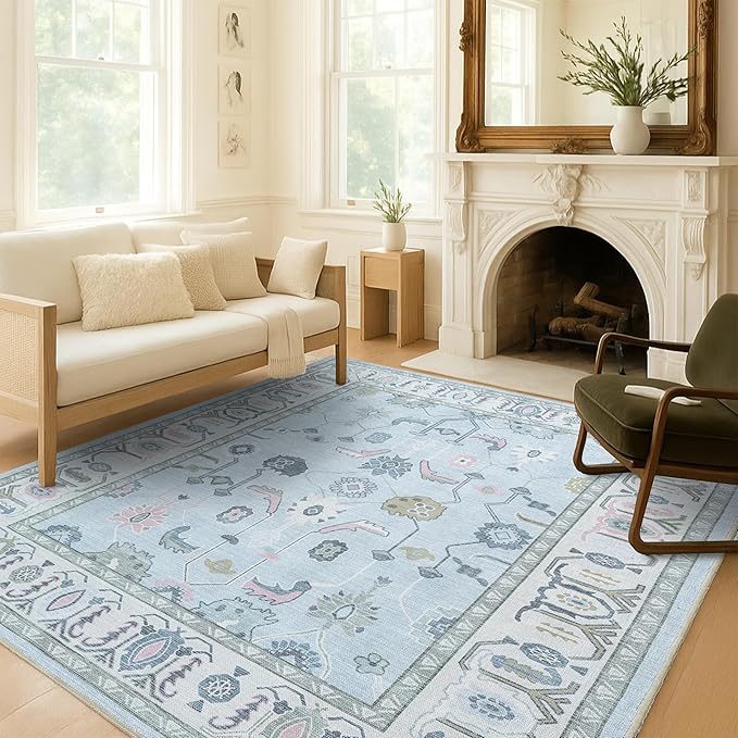 Fame Living Cream Blue Oushak Rug, Modern, Vintage, Turkish, Eclectic, Floral, Pastel, Washable, Large Area Rugs for Living Room, Dining, Bedroom, Girls, Boys, 7'5"x9'8"