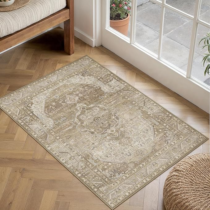 2x3 Washable Vintage Area Rug for Living Room Bedroom Non Slip Distressed Traditional Beige Brown Soft Thin Throw Rug Low Pile Lightweight Floral Doormat Entryway Indoor Kitchen Laundry Room