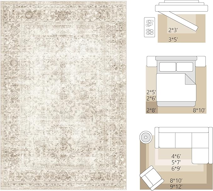 FMFUNCTEX 4x5 Washable Area Rug Neutral Vintage Beige Non Slip Low Pile Traditional Indoor Carpet for Entryway Living Room Bedroom Soft Retro Floral Mat Throw Rug for Dining Office Kitchen Entryway