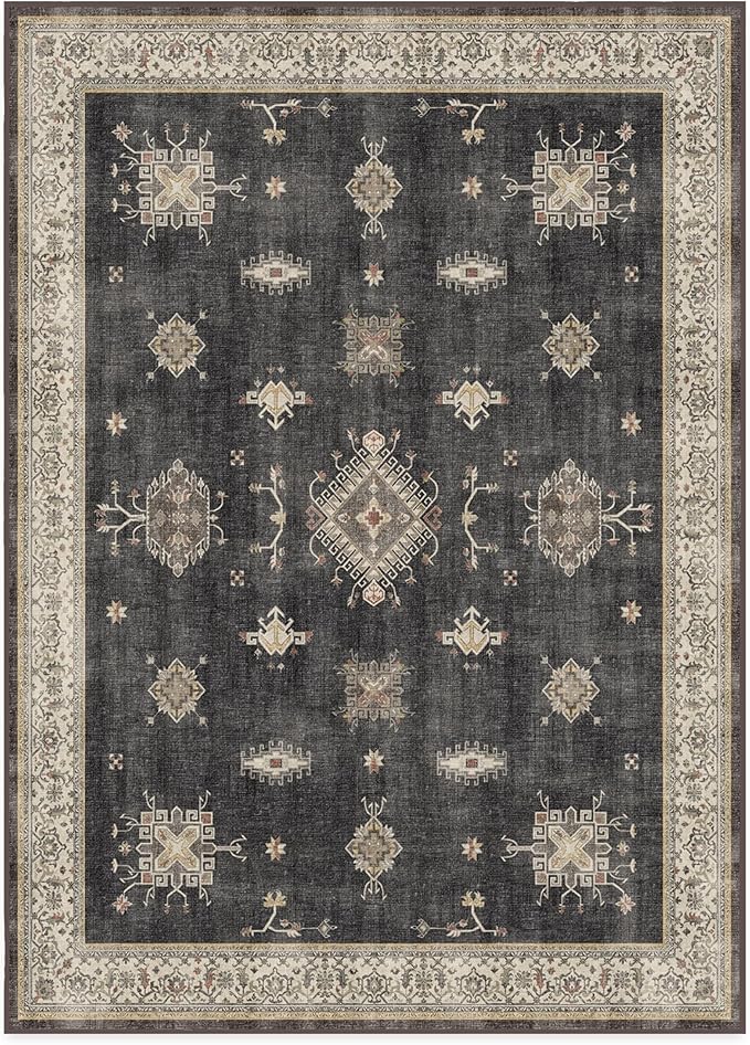 RUGGABLE Washable Vintage Area Rug – Verena Dark Wood 10x14, Stain-Resistant, Non-Slip – Large Machine Washable Rugs for Living Room, Bedroom, Hallway, Entryway & Office–with Cushioned Pad