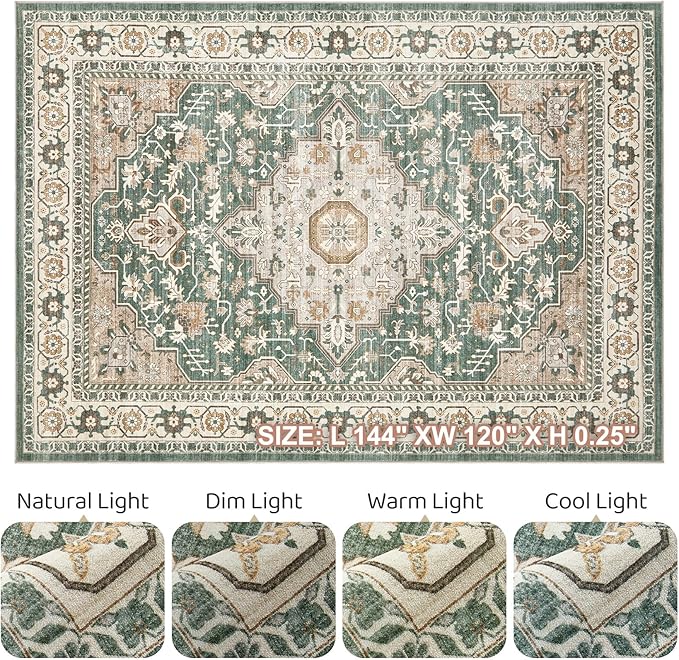 Green Rug Living Room Rugs: 10x12 Washable Boho Large Vintage Soft Stain Resistant Farmhouse Oriental Non Slip Indoor Floor Carpet for Bedroom Nursery Kids Playroom Office Dining Room Home Decor