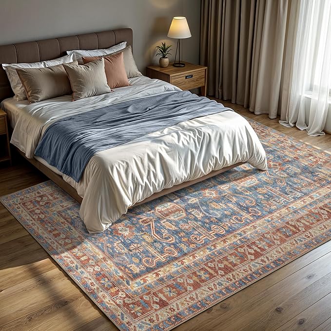 GLN Rugs Traditional Collection - Machine Washable Area Rug, Traditional Washable, Non Slip, Low Pile Chenille Rug, Living Room, Bedroom, Kitchen Rug (8' x 10' Terra/Slate Blue)
