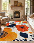 Boho Orange Flowers Autumn Carpet for Living Room, 5x7 Non-Slip Washable Low Pile Abstract Design Rug, Space Saving Area Rug for Bedroom, Dining Room
