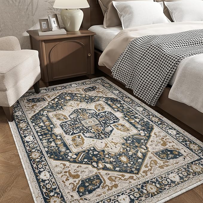 EnHomee 4x6 Washable Area Rugs for Bedroom, Boho Vintage Rugs, Foldable Area Rug for Dining Room, Non-Slip Soft Living Room Rug, Low Pile Large Carpet for Bathroom, Blue and Brown