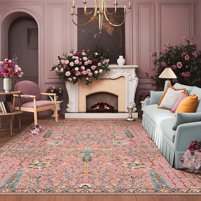Kokia Boho Vintage Floral Area Rugs, Washable Oriental Botanical Rugs for Living Room, Bedroom, Dining Room, Office, Large Soft Indoor Area Rug, Rosette Pink，8x10