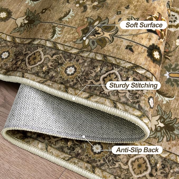 Tangsoo Brown 2.6x10 Hallway Runner Rugs, Washable Runner Rug for Hallways Non Slip, Floral Vintage Soft Low Pile 10ft Long Rug Runner, Indoor Carpet Runners for Living Room Kitchen Bedroom Entryway