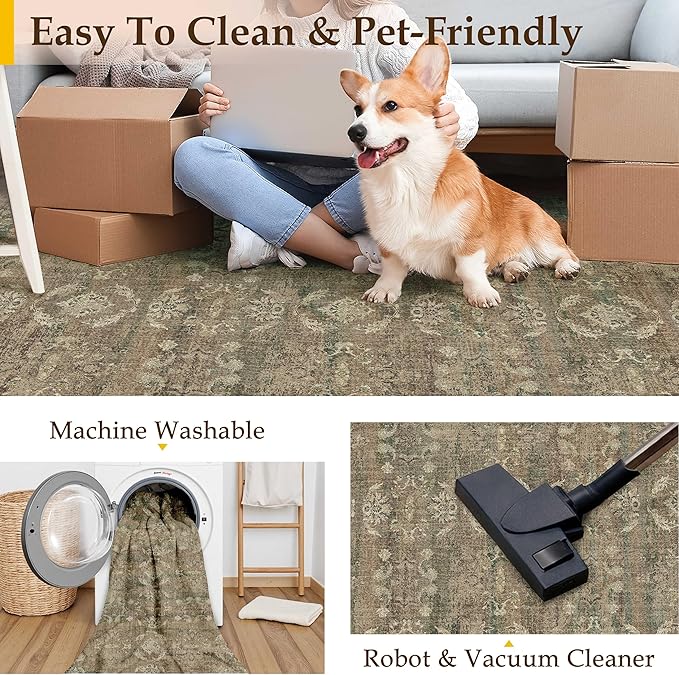 3x8 Brown Area Rug Runners for Hallways Washable Vintage Distressed Carpet Low Pile Non Slip Indoor Retro Soft Long Accent Rug Bedroom Kitchen Bathroom Laundry Dining Living Room