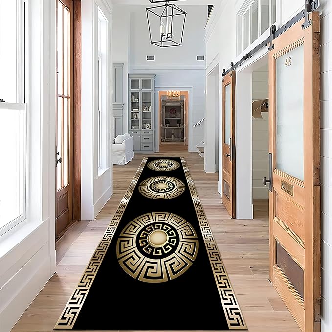 Black Gold Geometric Hallway Runner Rug, 4x12ft, Vintage Greek Key Entryway Carpet, Baroque Style Pattern Machine Washable Carpets, Durable Non-Shedding Non-Slip Rugs for Dorm Nursery