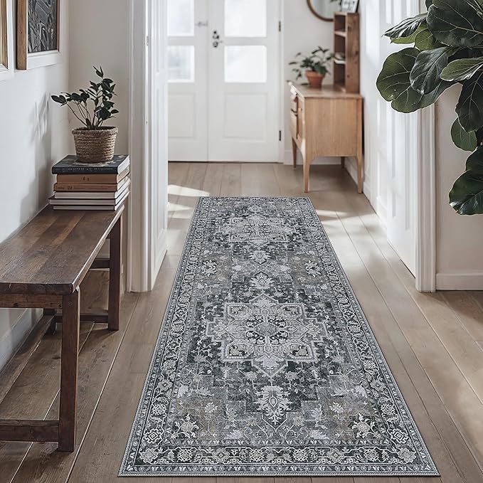 GENIMO 2'6''x12 Runner Rugs for Hallway, Machine Washable Non Slip Vintage Rugs, Low Pile Lightweight Soft Print Rug for enrtyway, Corridor, Home Office, Kitchen,Dark Gray