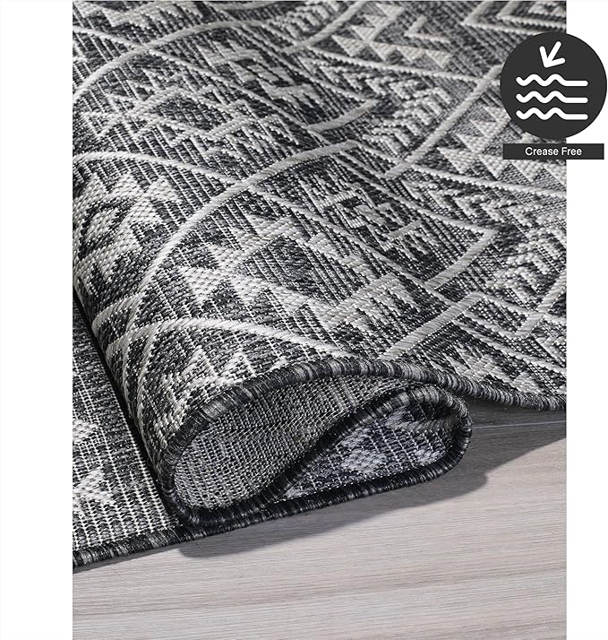 FH Home Flat Woven Outdoor Rug - Waterproof, Easy to Clean, Stain Resistant - Premium Polypropylene Yarn - Boho Moroccan - Patio, Porch, Deck, Balcony - Dakar - Charcoal - 5ft 2in x 7ft 6in