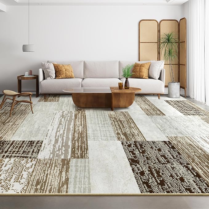 Large Area Rugs,Modern Geometric Patchwork Floor Decor for Bedroom Aesthetic Carpet, Rockwood Collection, Indoor Rugs for Living Room, Dining Room, Nursery, Office, Machine Washable Rug,4x6 Ft Beige