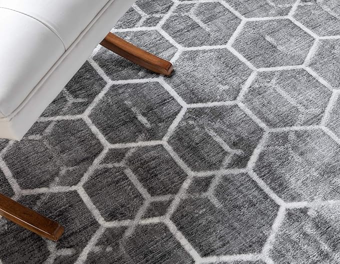 Rugs.com Lattice Trellis Collection Rug – 3 Ft Round Gray Low-Pile Rug Perfect for Kitchens, Dining Rooms