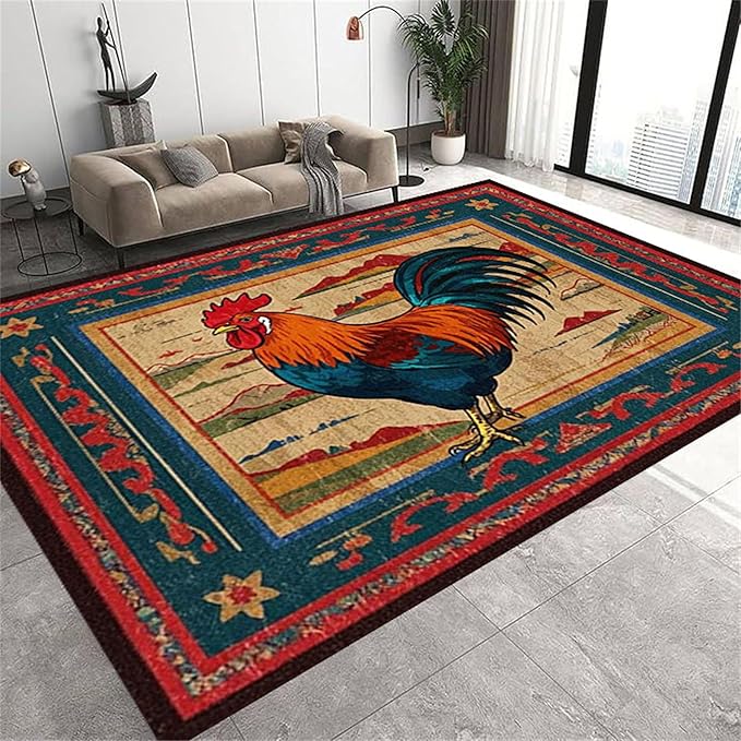Vintage Rustic Rooster Area Rug ，5x7ft,Ethnic Design Colorful Mountains Geometric Pattern Print Rug，Low Pile Washable Rug Suitable for Farmhouse, Kitchen, Living Room, Bedroom Entryway