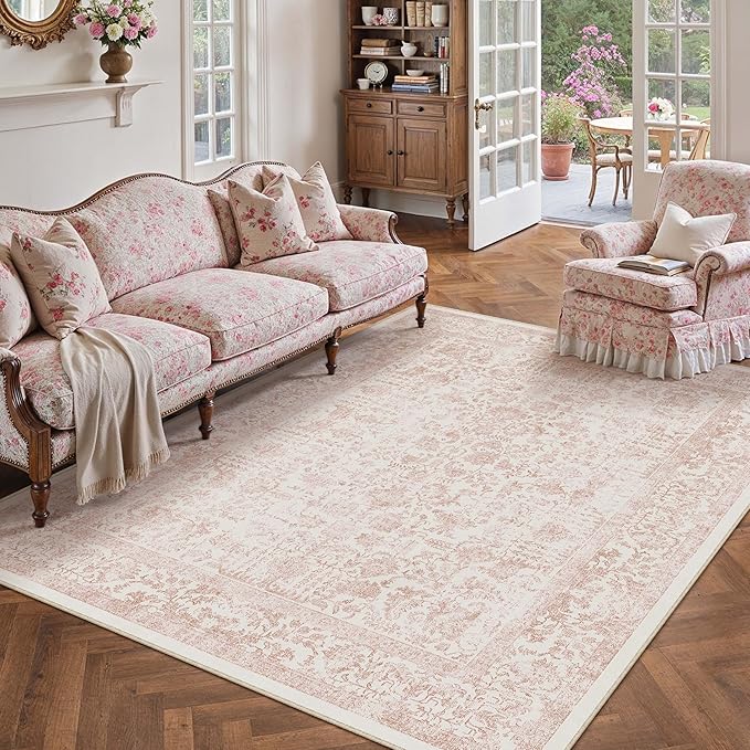 Pink Area Rug 5x7 Machine Washable Vintage Living Room Distressed Non Slip Carpet Traditional Indoor Bedroom Retro Floral Accent Throw Large Rug Office Kitchen Bathroom Dining Room