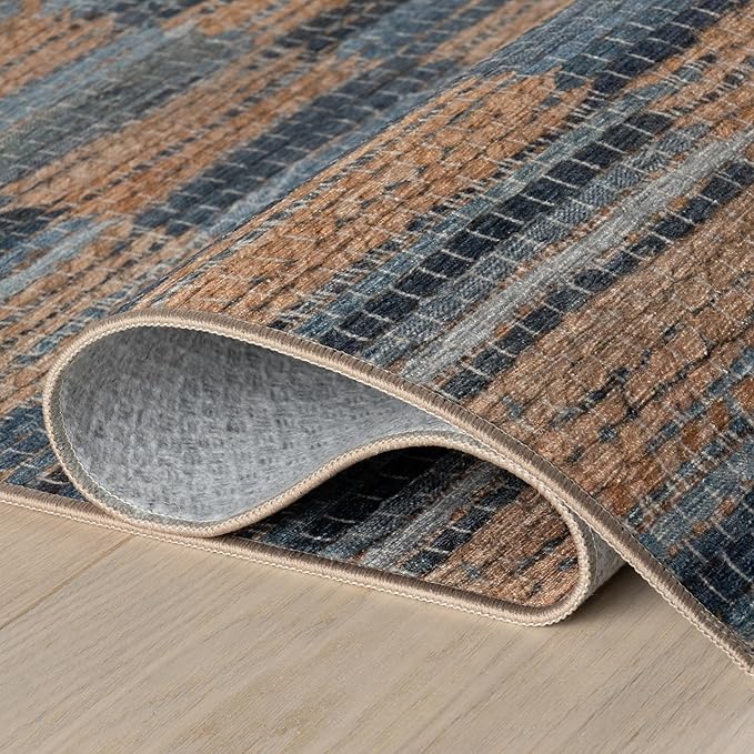 Dash & Albert Ravel Stripe Blue Machine Washable Rug, Runner-2.5 X 8 Feet, Tan/Blue Stripe Pattern