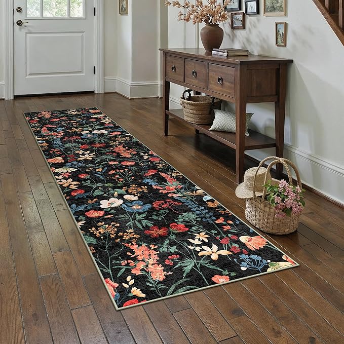 Floral Runner Rug 3x8 Washable Hallway Long Black Bedroom Carpet Non Slip Indoor Boho Kitchen Low Pile Accent Rug Lightweight Soft for Bathroom Dining Laundry Living Room
