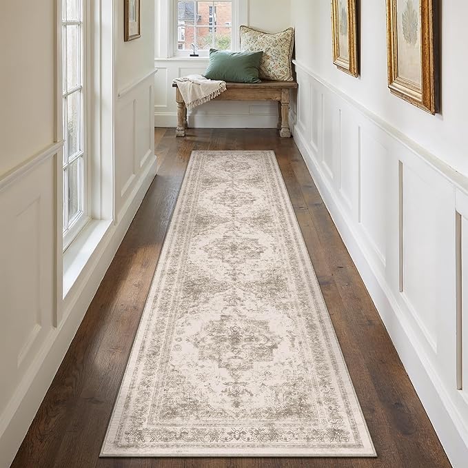 Runner Rug 3x12 Beige Hallway Washable Carpet Non Slip Vintage Medallion Carpet Low Pile Soft Distressed Retro Indoor Long Rug for Entryway Kitchen Bathroom Laundry Bedroom