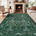 Green Floral 8x10 Living Room Area Rug, Washable Vintage Distressed Rug for Bedroom, Dining Room Under Kitchen Table, Large Low Pile Non Slip Carpet - Soft Boho Botanical Accent Mat