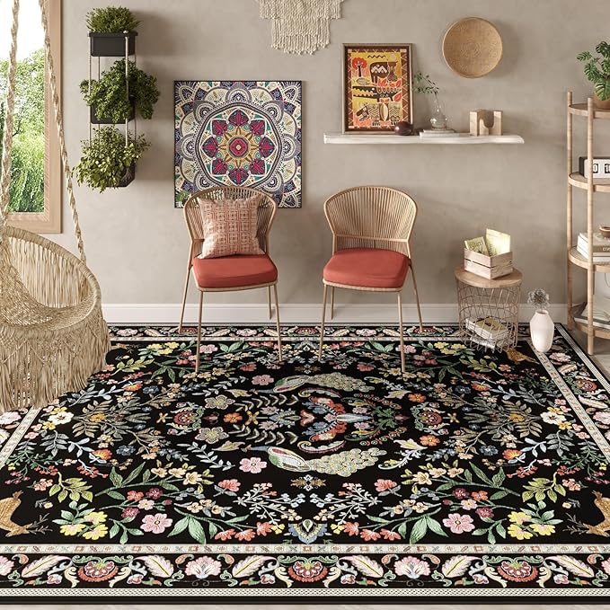 Living Room Rug 6x9 Rug Machine Washable Area Rug Floral Non-Slip Low Pile Large Rug for Living Room, Bedroom, Farmhouse, Dining Room, Kids Playroom (Vibrant Black)