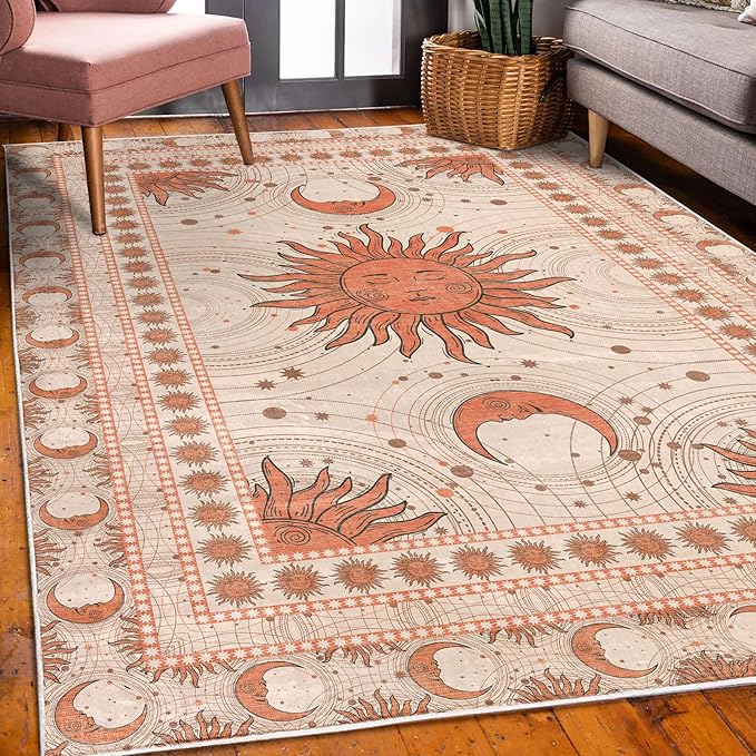 Ambesonne Sun and Moon Decorative Rug, Bohemian Artwork Design of Crescent Solar Ornament Esoteric Stars Ornaments, Quality Carpet for Bedroom Dorm and Living Room, 5' 1" X 7' 5", Burnt Sienna