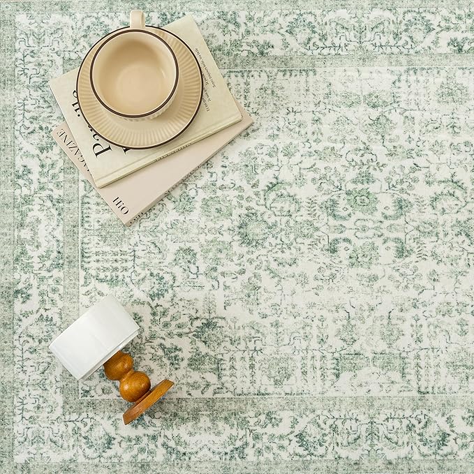 Sage Green Area Rug 6x9 Living Room Washable Carpet Vintage Distressed Non Slip Bedroom Carpet Neutral Low Pile Retro Floral Farmhouse Large Rug Home Office Dining Room Playroom