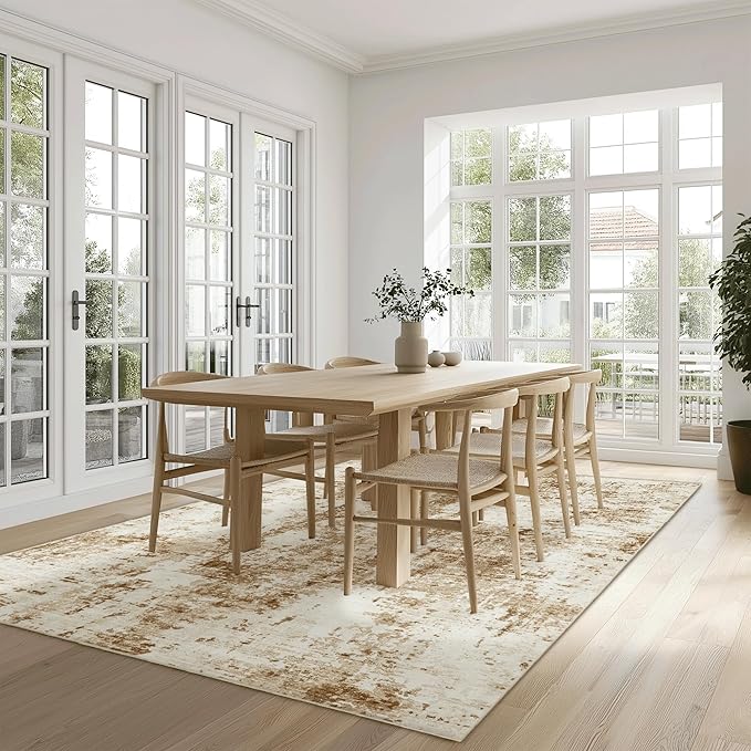 FMFUNCTEX 5x7 Washable Area Rug Brown Beige Abstract Modern Neutral Non Slip Low Pile Indoor Carpet Soft Thin Throw Rug for Entryway Entrance Living Room Bedroom Dining Office Nursery Kitchen Laundry