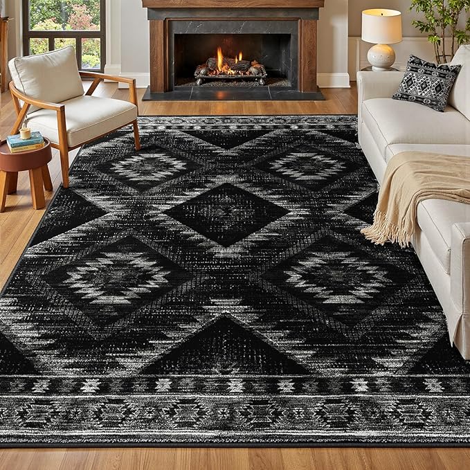 Area Rug 5x8 Rug Machine Washable Non-Slip Low Pile Print Pattern Western Rug for Living Room Bedroom Entryway Tribal Series-Black