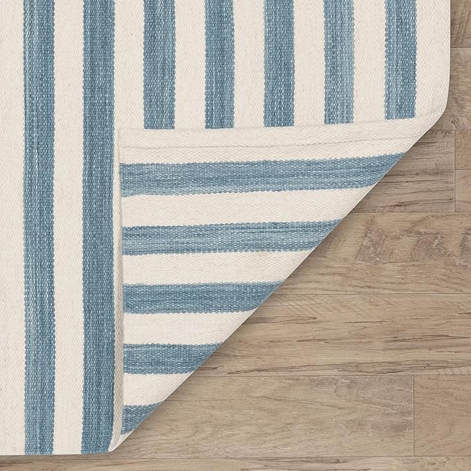 Home Conservatory Ladder Stripe Blue/Ivory Handwoven Wool 2.5 X 8 Feet, Blue/Ivory Stripe Pattern