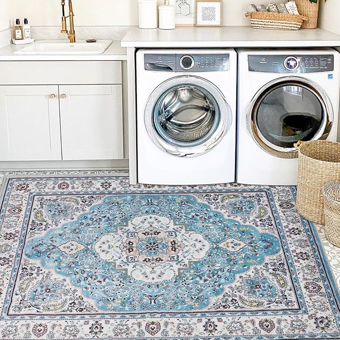 COMSLE Area Rug 4x6 Faux Wool Rugs for Kitchen, Boho Washable Throw Rugs Non-Slip Distressed Carpet Soft Accent Floor Rug for Bedroom, Living Room, Laundry Room (Light Blue)