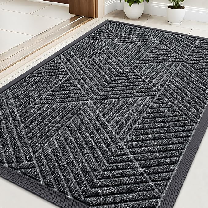 Kitinjoy Front Door Mat Outside Entrance, Sturdy Natural Dirt Trapper, Heavy Duty Rubber Doormat, Low Profile Non-Slip Backing, Easy Clean Floor Mat for Indoor Outdoor Entry, 35X23 Inch, Grey