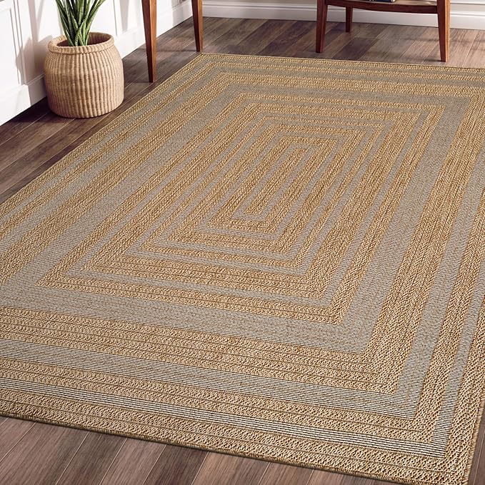 Beverly Rug Easy Jute Framed Border Rug 5x7 Washable Durable Indoor Outdoor Area Rugs for Living Dining Room Patio Office Stain Resistant Non Shedding Casual Indoor Outside Carpet 5 x 7 Natural