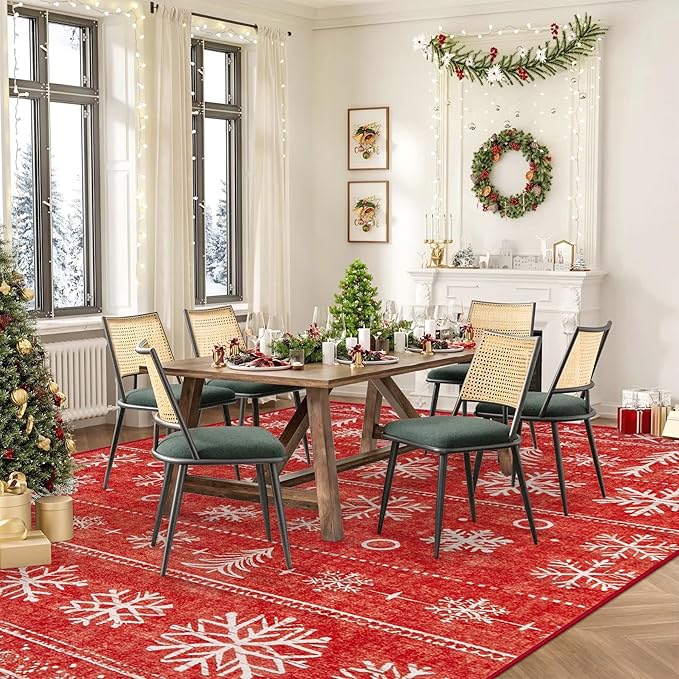 Christmas Area Rug 8x10 Living Room Rugs, Machine Washable Boho Christmas Tree Snowflake Rug Non-Slip Soft Low Pile Holiday Indoor Rugs for Bedroom Kitchen Dining Room Office(Xmas Red, 8'x10')