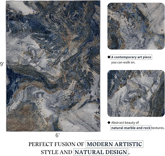 Modern Washable Rug for Living Room: Abstract 6x9 Area Rugs for Bedroom Low Pile Non Slip - Stain Resistant Carpet for Dining Room Indoor - Blue Gold