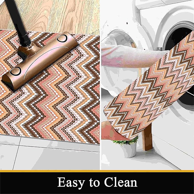 Brown Pink White Wave Runner Rug, 2x6ft Soft Tone Hallway Decor Carpet - Modern Home Corridor & Foyer Long Rug Non-Slip Mat, Washable Flannel Material, Bedroom Stylish Accent Rugs