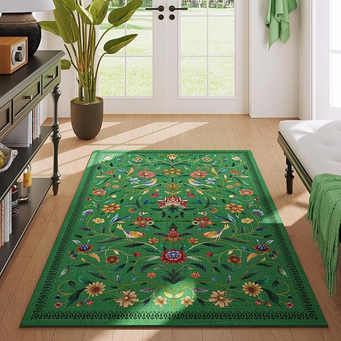 Vintage Medallion Floral 3x5 Washable Rug, Soft Low Pile Area Rug, Non-Slip Carpet for Bedside, Bedroom, Bathroom, Entryway, Kitchen, Office, Kids/Girls Room | Green
