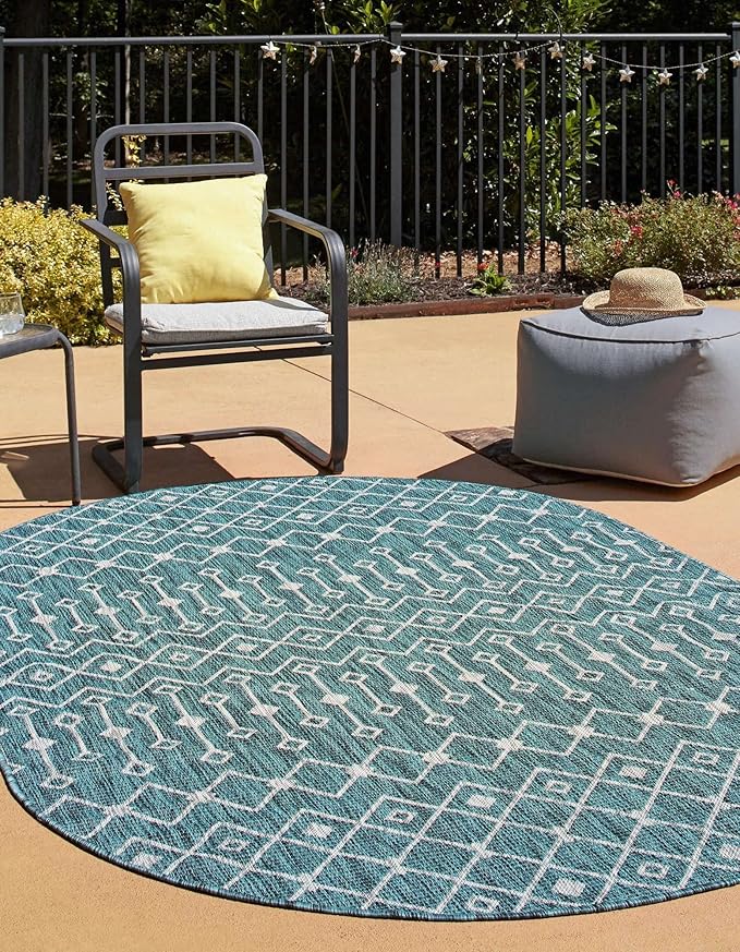 Unique Loom Outdoor Trellis Collection Area Rug - Tribal Trellis (5' 3" x 8' Oval, Teal/ Ivory)