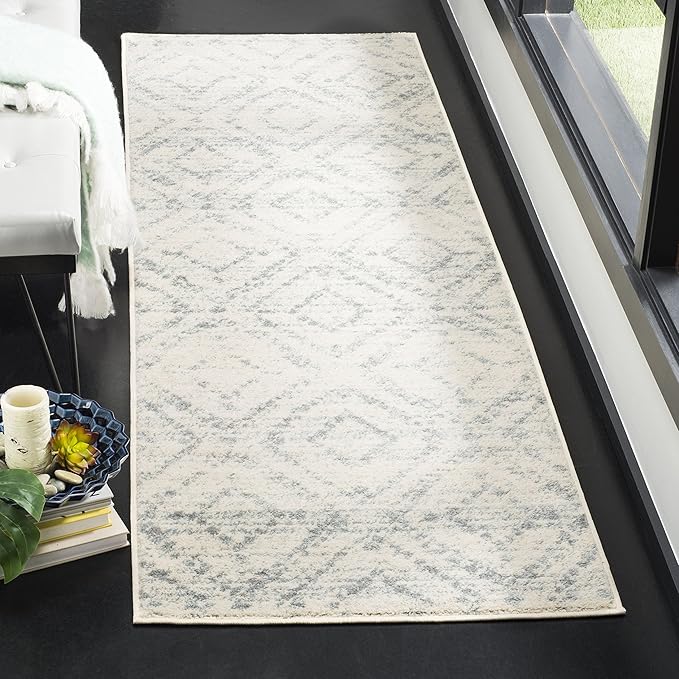 SAFAVIEH Adirondack Collection Runner Rug - 2'6" x 10', Ivory & Light Blue, Modern Diamond Distressed Design, Non-Shedding & Easy Care, Ideal for High Traffic Areas in Living Room, Bedroom (ADR131T)