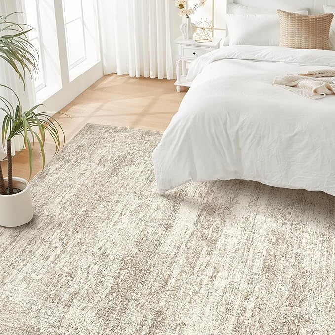 Area Rug Living Room Rugs - 6x9 Abstract Large Soft Indoor Washable Rug Neutral Modern Low Pile Carpet for Bedroom Dining Room Farmhouse Home Office - Vintage Beige