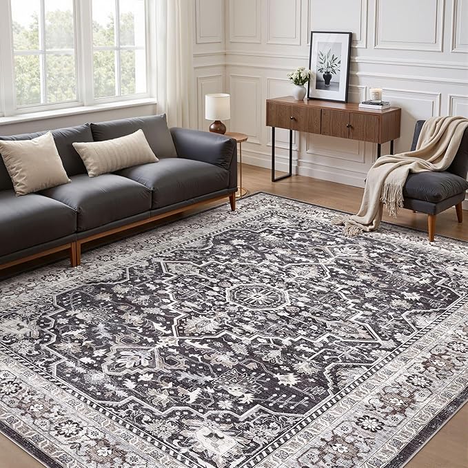 Black Rug Living Room Rugs: 12x15 Washable Boho Large Vintage Moody Soft Distressed Oriental Stain Resistant Non-Slip Indoor Floor Carpet for Bedroom Playroom Office Dining Room Retro Home House