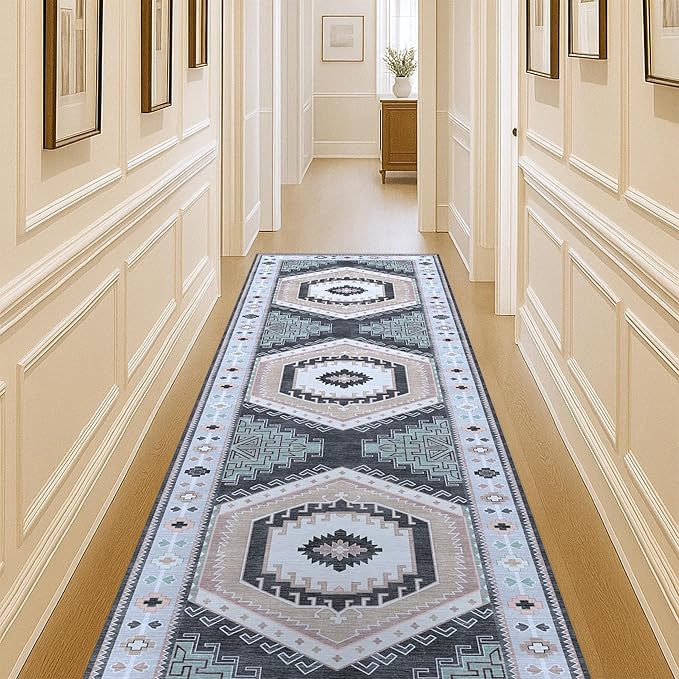 Fame Living Washable Area Rug. Modern Farmhouse. Vintage. Turkish. Bohemian. Distressed. Oriental. Traditional. Rugs for Living Room. Dining. Bedroom. Office. Entryway. Foyer. (856BlckGry, 2'5" x 13')