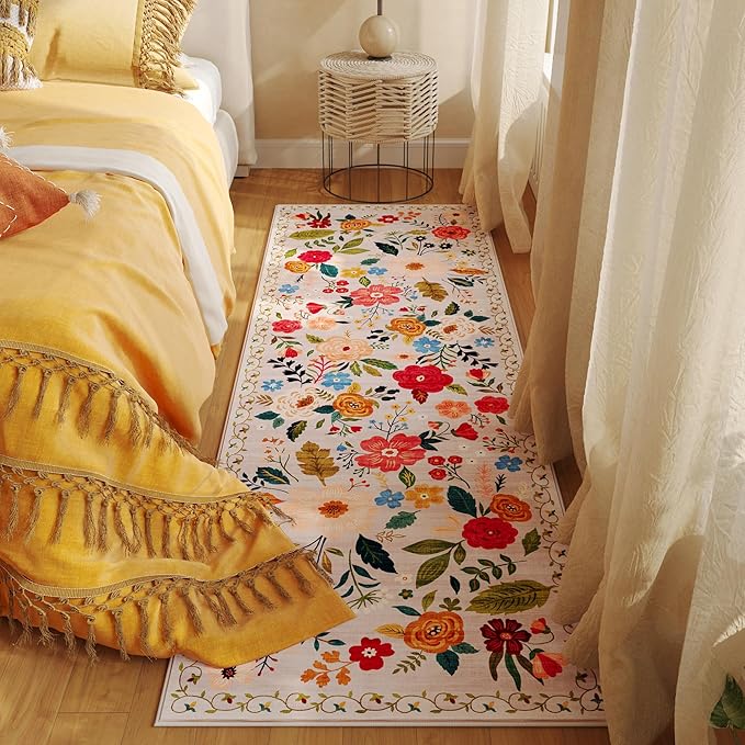 Rugcomf Runner Rug for Hallways Kitchen Rug Non Slip 2'x 6' Washable Rugs with Rubber Backing Soft Floral Carpet Runner for Hallways, Kitchen, Laundry, Bedroom, Bathroom(Beige)